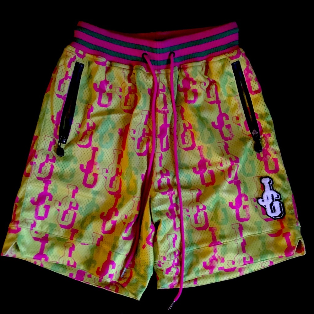 John Geiger JG Logo Mesh Woven Basketball Shorts w Zipper Pockets-Men’s Size Med